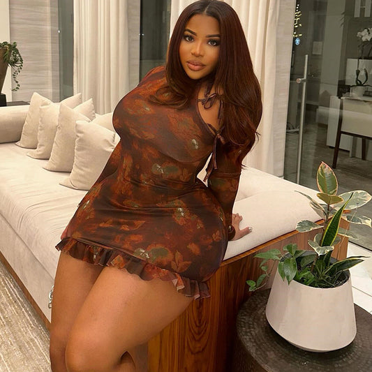 Printed Long Sleeved Lace Dress