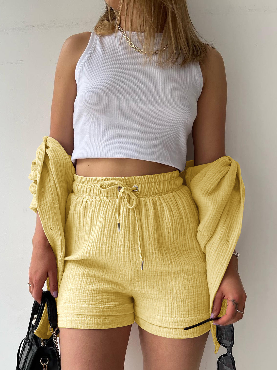 Texture Button Up Shirt and Drawstring Shorts Set - MONLANE