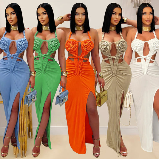 Knitted Neck Backless Solid Color Dress