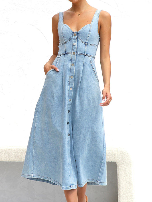 Sweetheart Neck Wide Strap Denim Dress - MONLANE