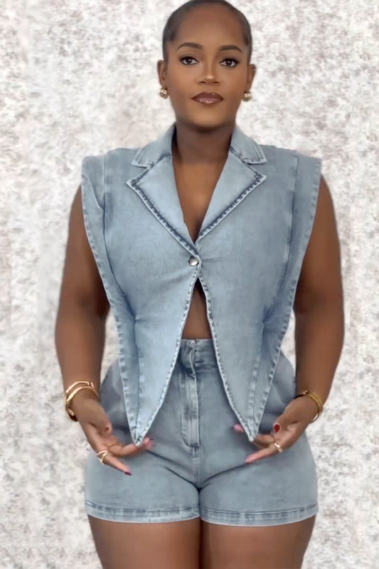 Washed Loose Short Denim Jumpsuit