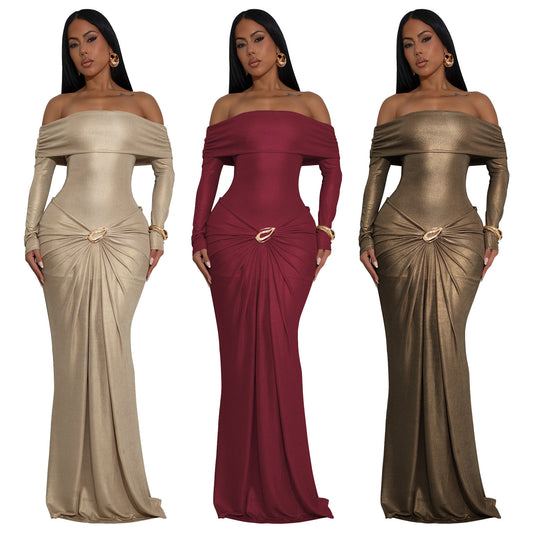 One shoulder long sleeved glossy dress