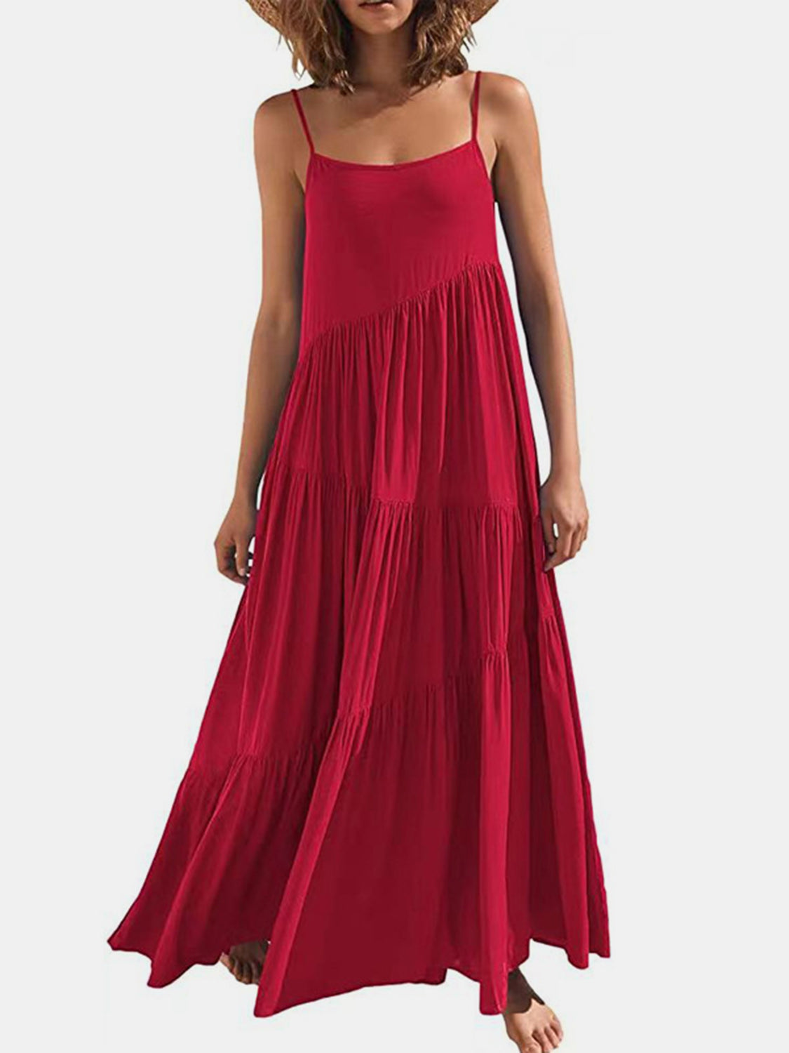 Full Size Ruched Tiered Spaghetti Strap Dress - MONLANE