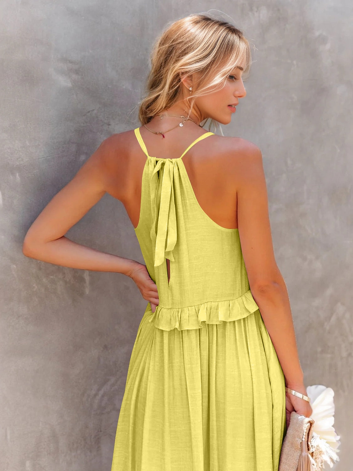 Ruffled Sleeveless Tiered Maxi Dress with Pockets - MONLANE