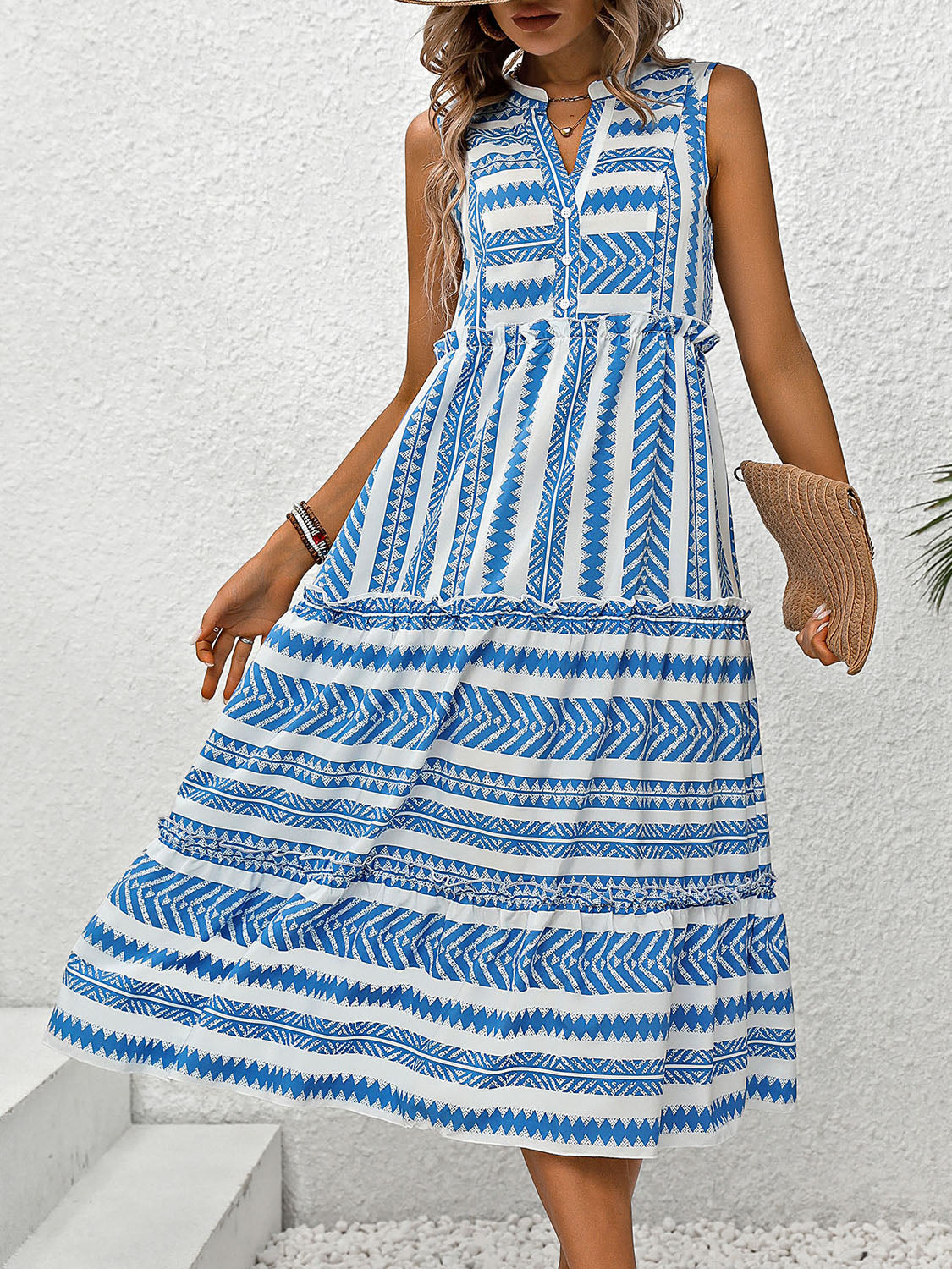 Frill Printed Notched Sleeveless Dress - MONLANE