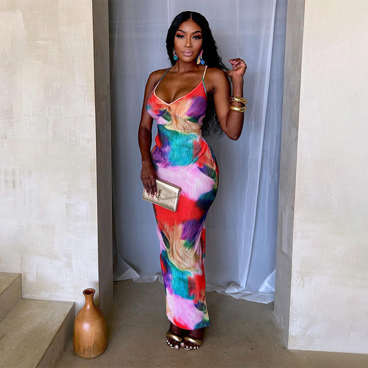 Sleeveless Printed High Waisted Dress