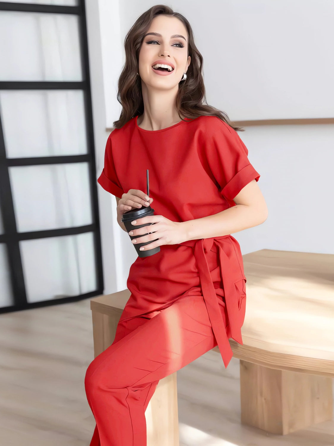 Round Neck Short Sleeve Top and Pants Set - MONLANE