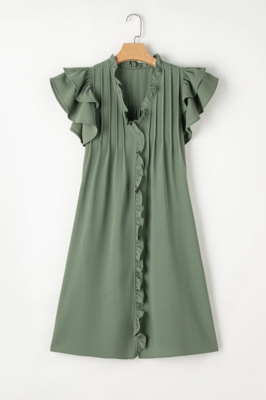 Ruffled V-Neck Cap Sleeve Mini Dress - MONLANE