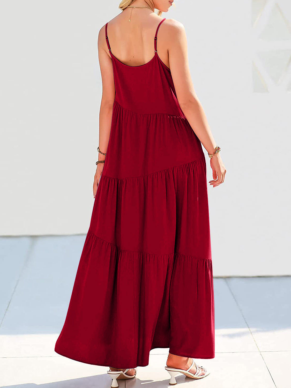 Full Size Ruched Tiered Spaghetti Strap Dress - MONLANE