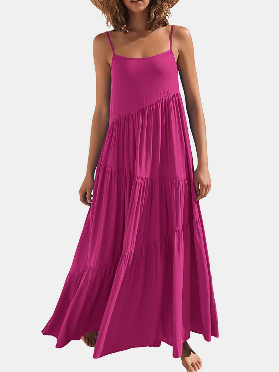 Full Size Ruched Tiered Spaghetti Strap Dress - MONLANE