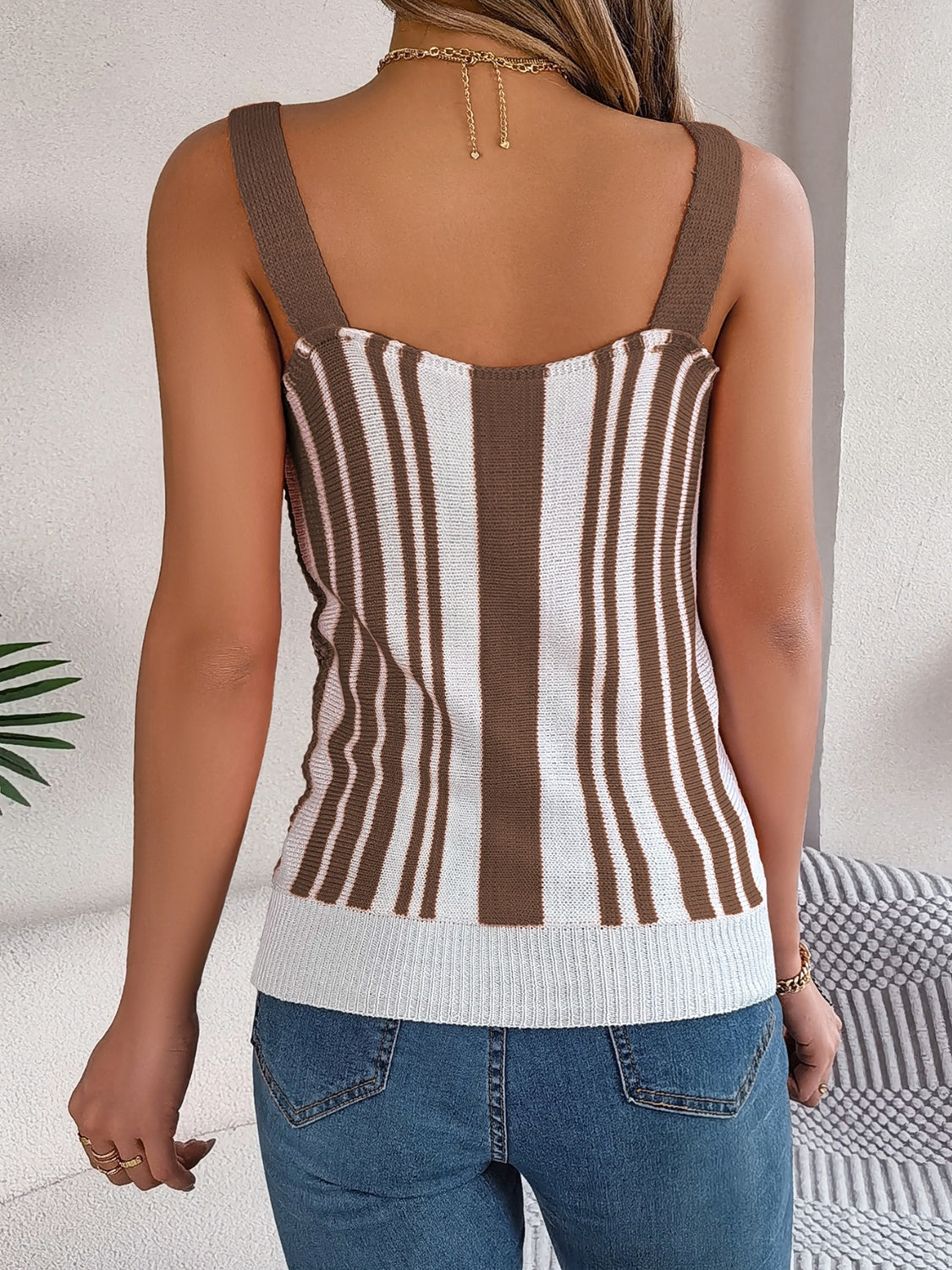 Openwork Striped V-Neck Tank - MONLANE