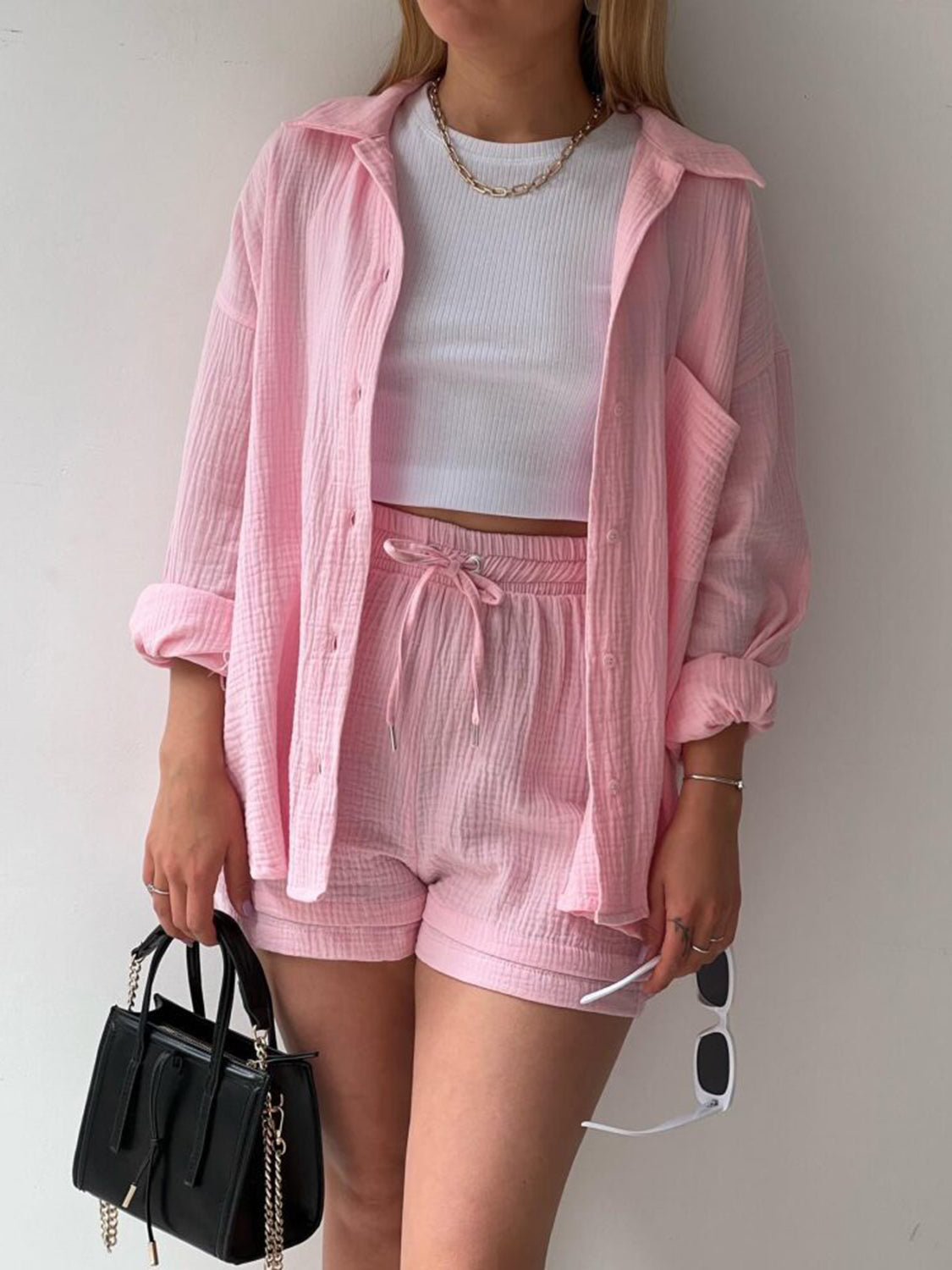 Texture Button Up Shirt and Drawstring Shorts Set - MONLANE