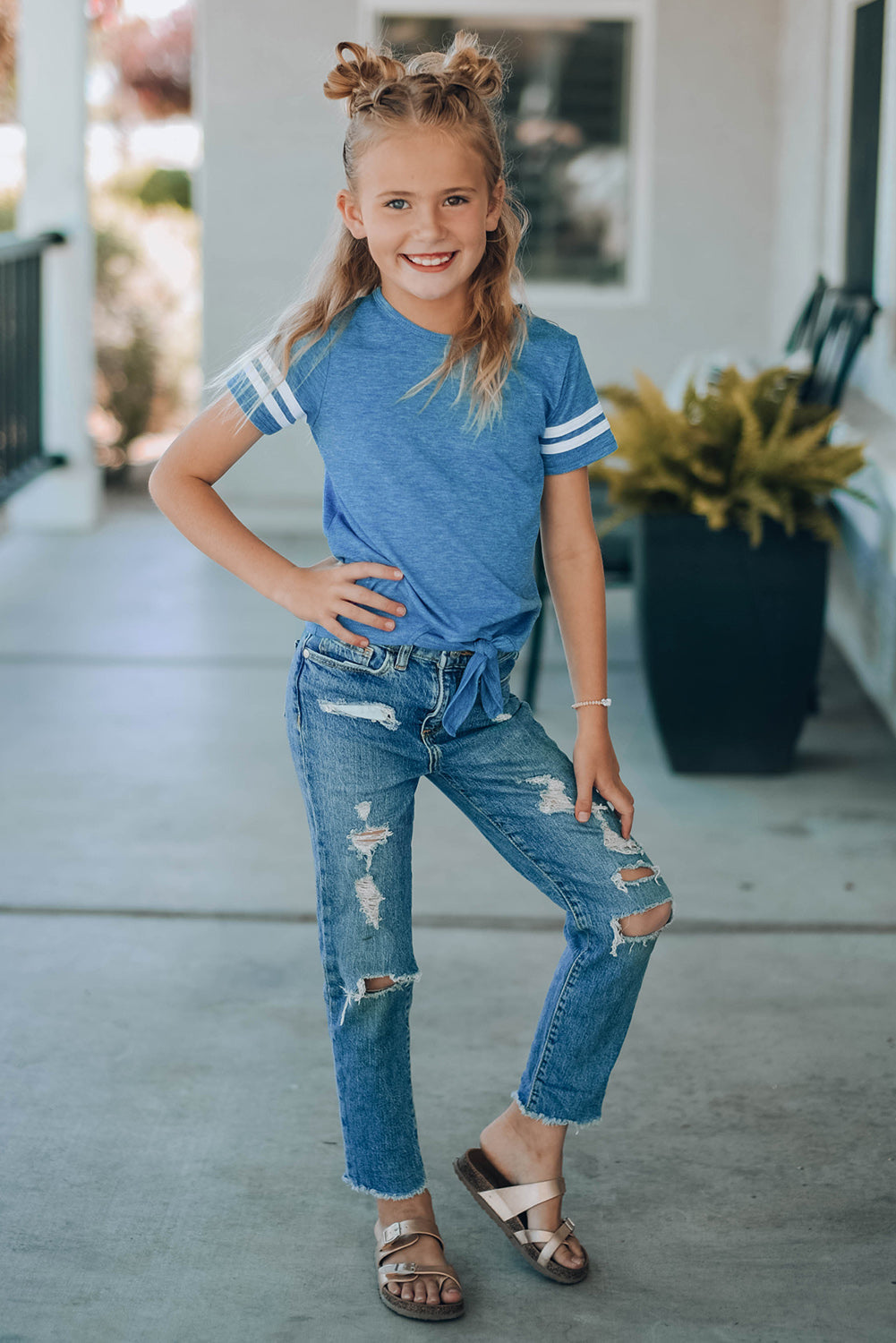 Girls Striped Tie Front T-Shirt - MONLANE
