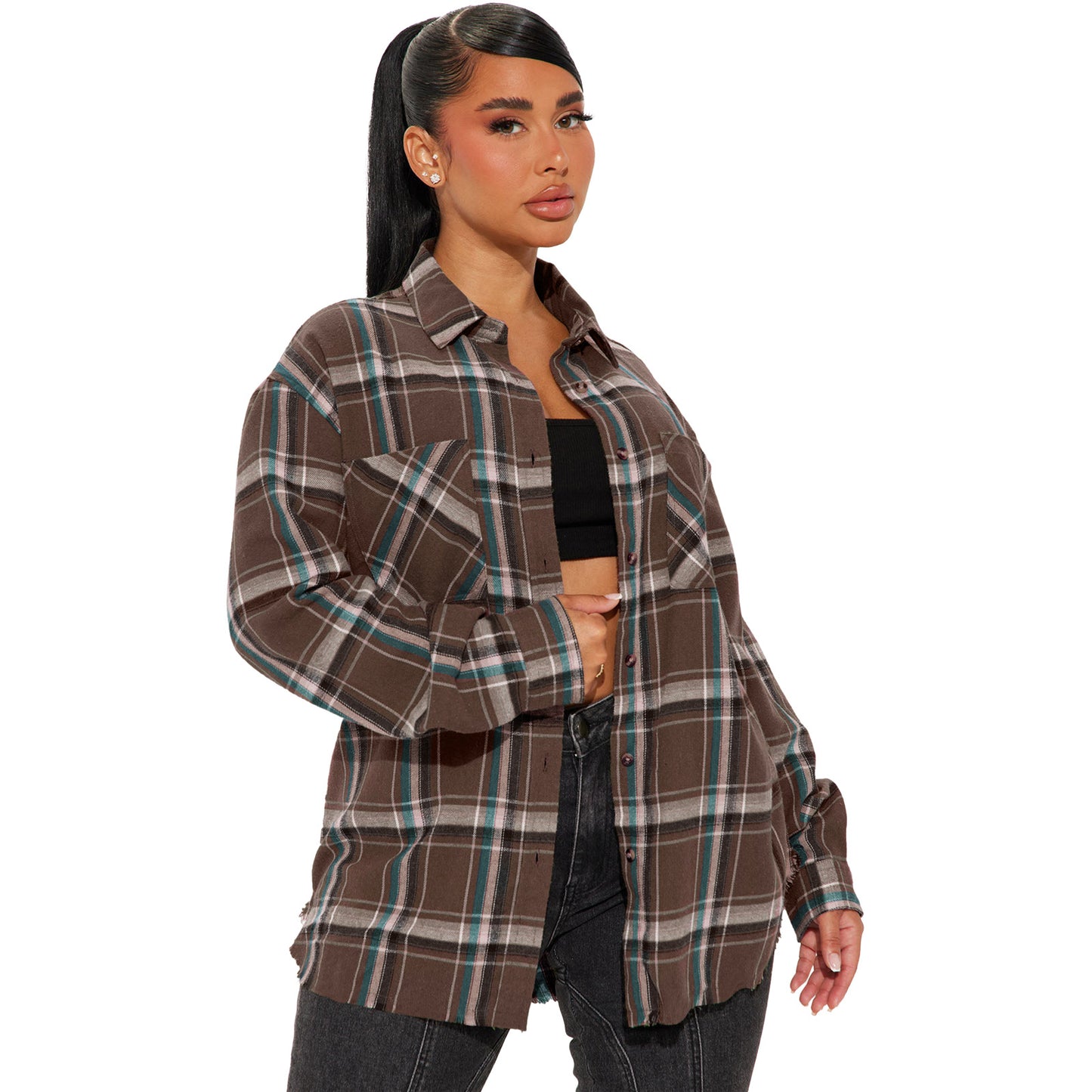 Plaid pocket long shirt