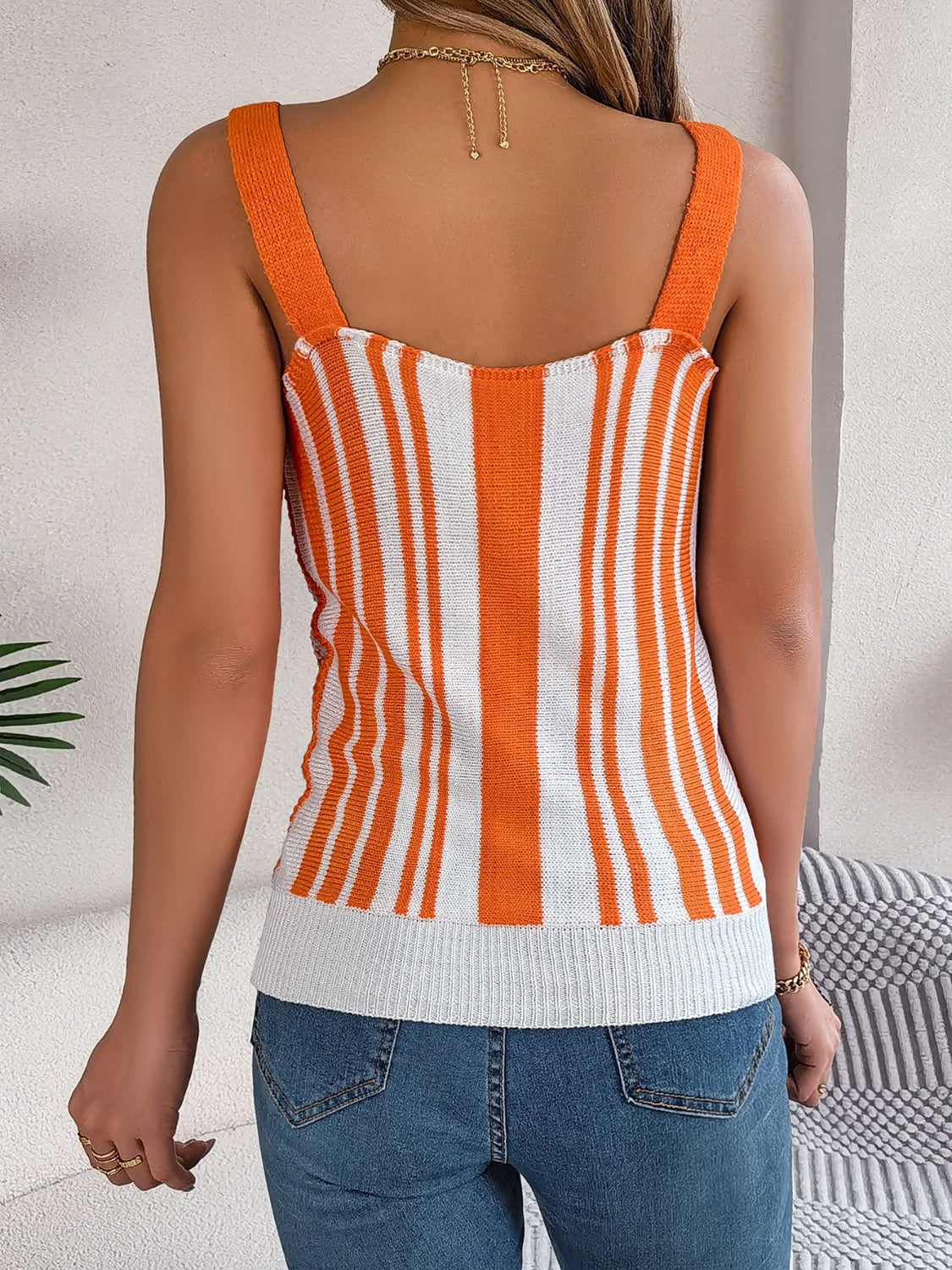 Openwork Striped V-Neck Tank - MONLANE