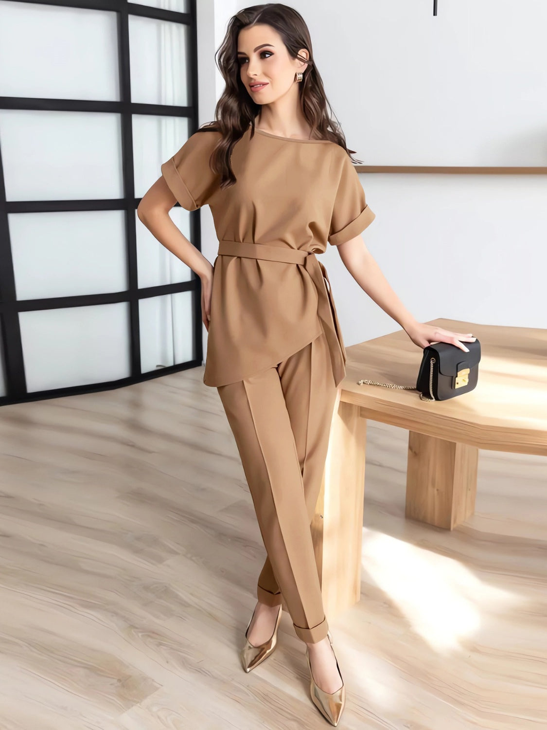 Round Neck Short Sleeve Top and Pants Set - MONLANE