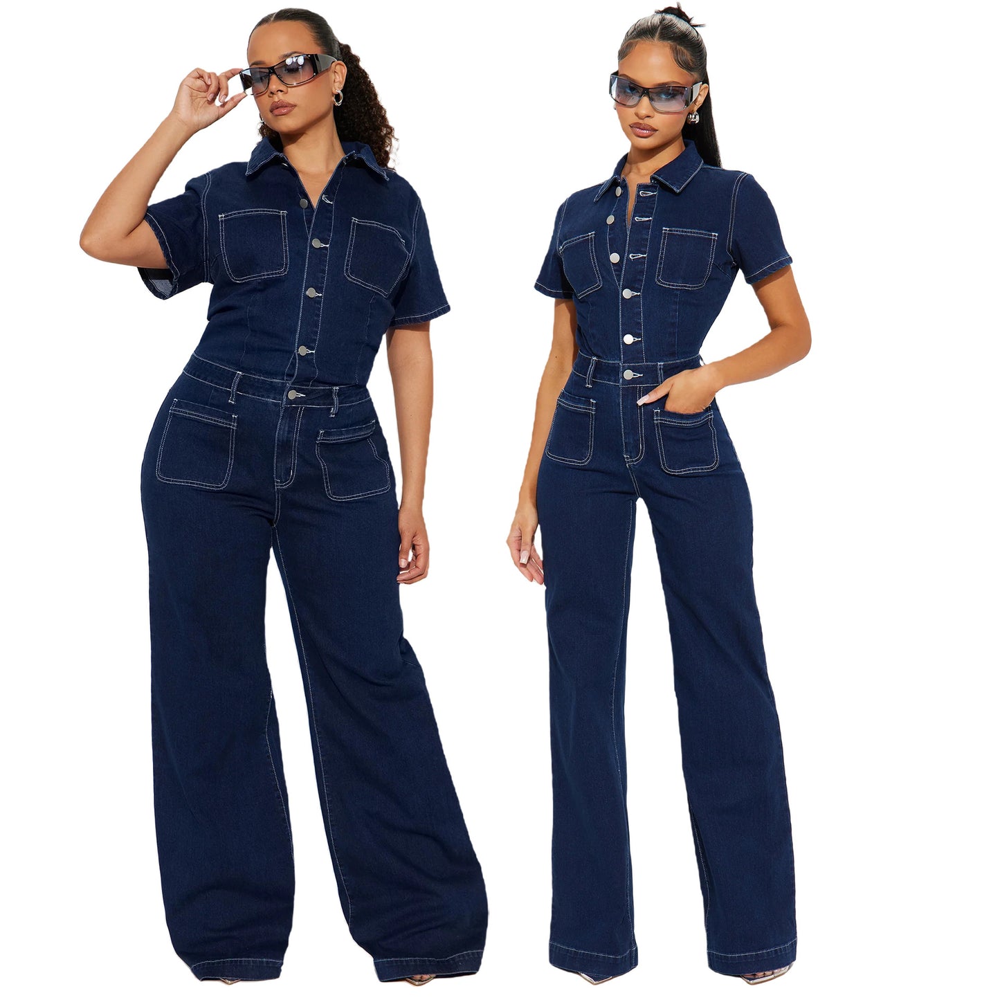 Loose elastic bell denim jumpsuit