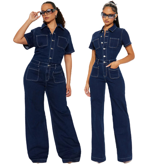 Loose elastic bell denim jumpsuit