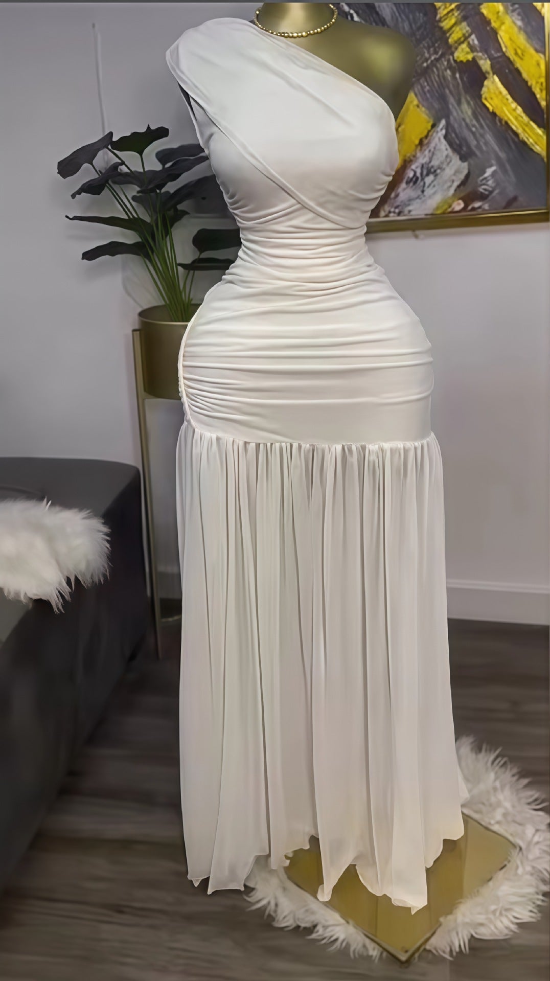 Sleeveless Diagonal Pleated Slit Dress
