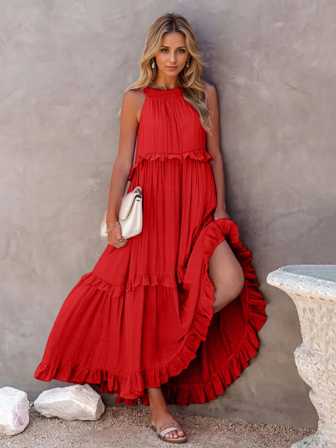 Ruffled Sleeveless Tiered Maxi Dress with Pockets - MONLANE