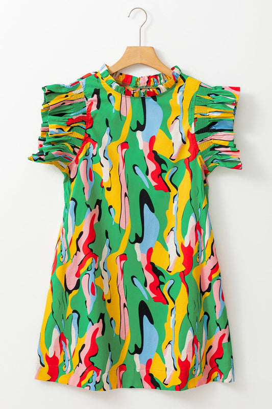 Ruffled Printed Cap Sleeve Mini Dress - MONLANE