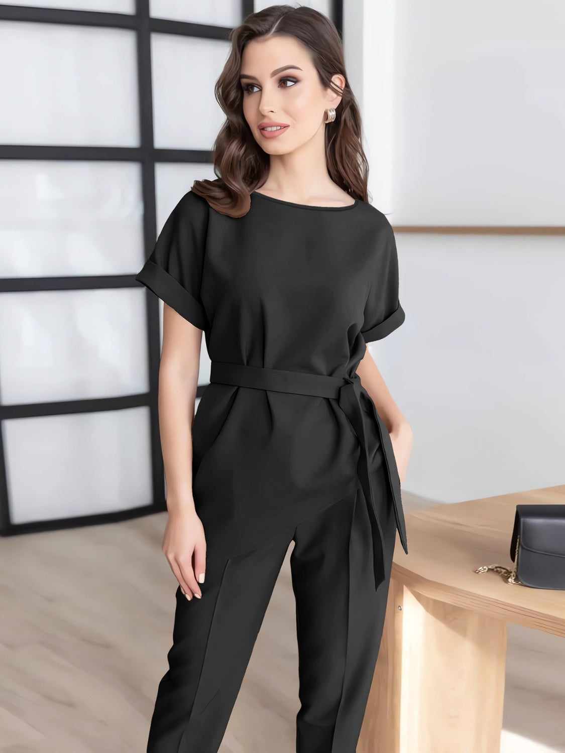 Round Neck Short Sleeve Top and Pants Set - MONLANE