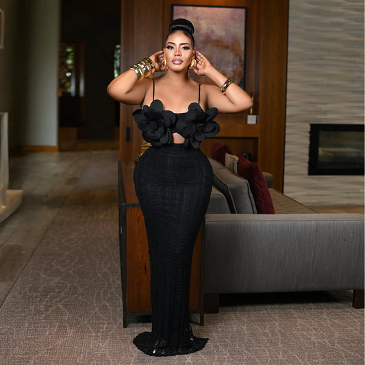 Lace flower backless suspender dress