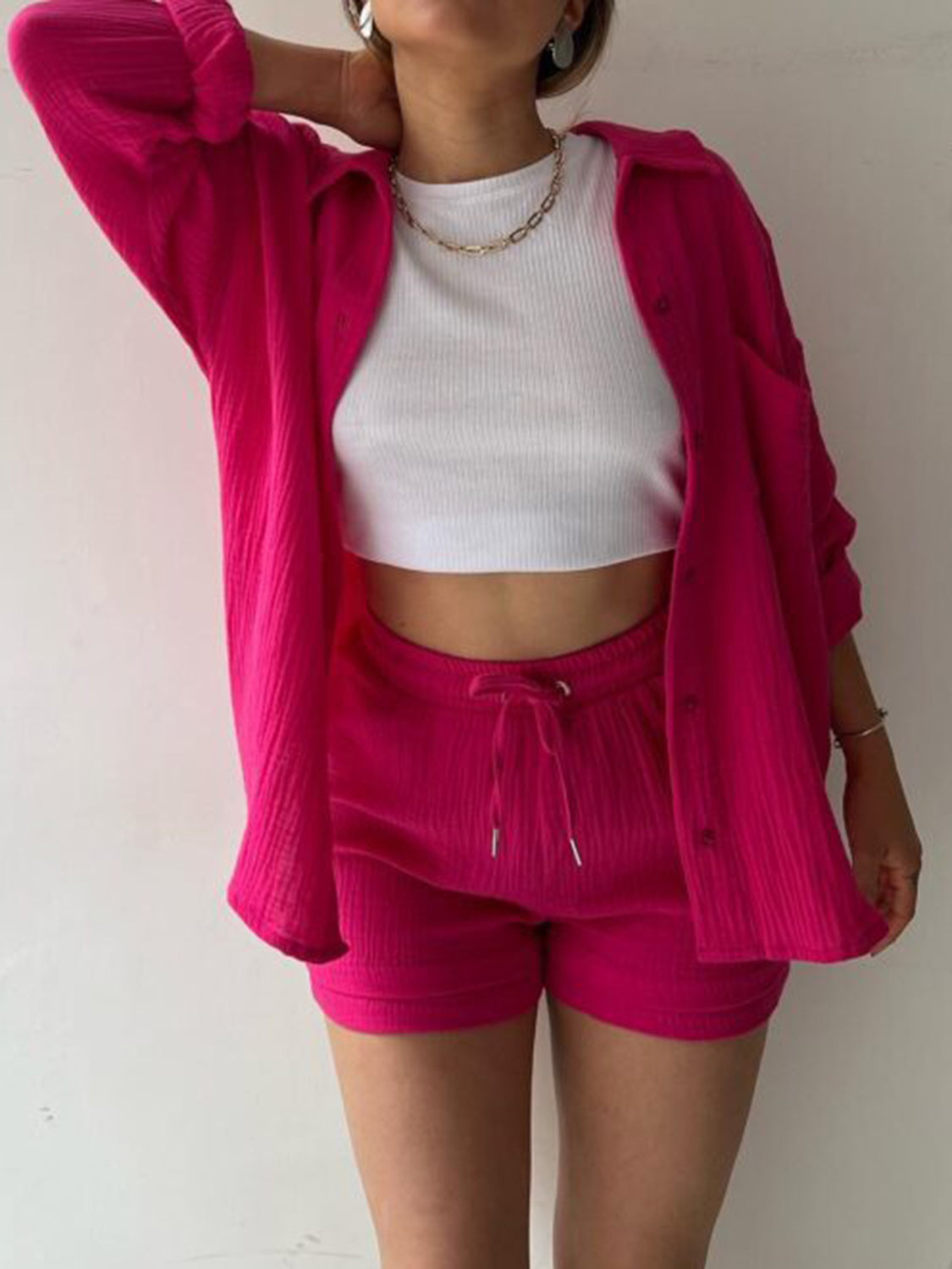 Texture Button Up Shirt and Drawstring Shorts Set - MONLANE