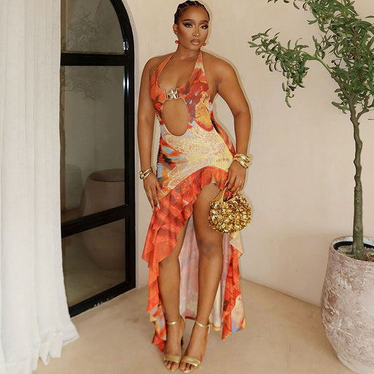 Hanging Neck Backless Ruffle Edge Dress