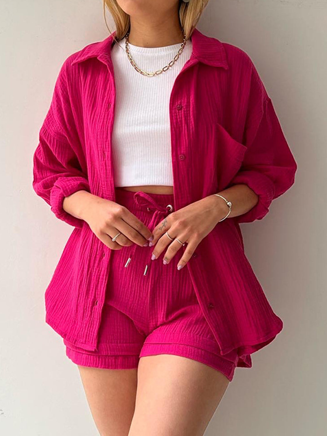 Texture Button Up Shirt and Drawstring Shorts Set - MONLANE