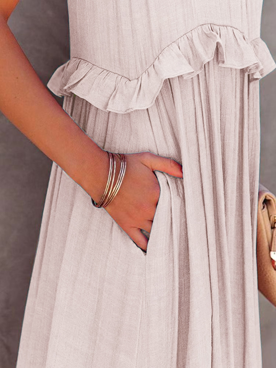 Ruffled Sleeveless Tiered Maxi Dress with Pockets - MONLANE