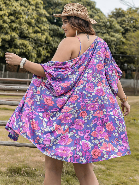 Plus Size Printed Cami, Open Front Cover Up and Shorts Set - MONLANE