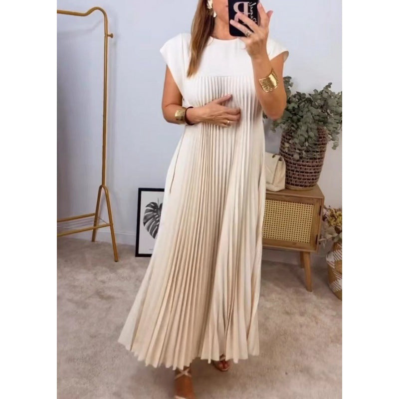 Round neck pleated long dress