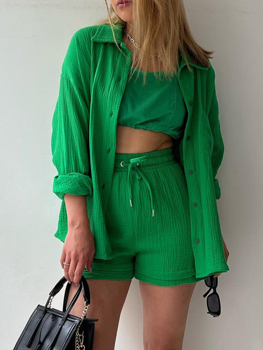 Texture Button Up Shirt and Drawstring Shorts Set - MONLANE