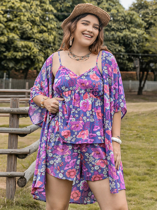 Plus Size Printed Cami, Open Front Cover Up and Shorts Set - MONLANE