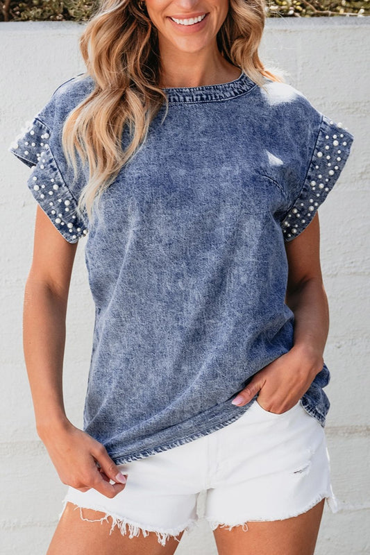 Pearl Trim Round Neck Cap Sleeve Denim Top - MONLANE