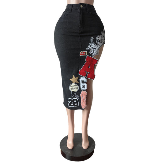 Embroidered Elastic Letter Denim Skirt