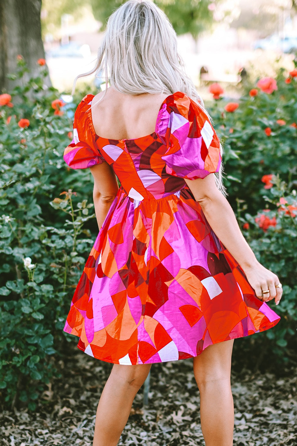 Printed Square Neck Puff Sleeve Dress - MONLANE