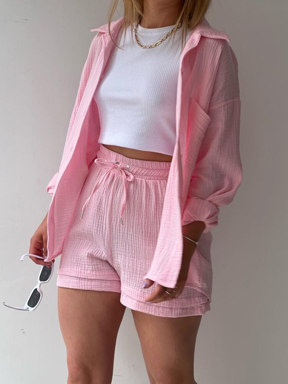 Texture Button Up Shirt and Drawstring Shorts Set - MONLANE