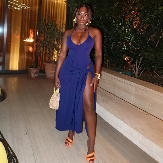 Lace up slit skirt set