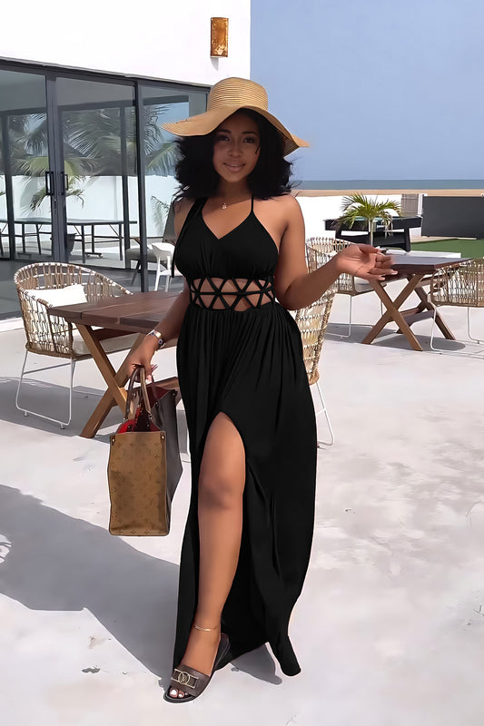 High Waisted Backless Lace Up Slit Dress