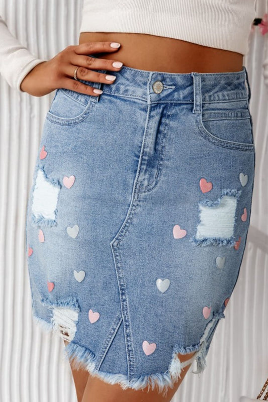 Raw Hem Heart Denim Skirt