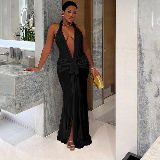 V-neck Solid Color Slit Dress