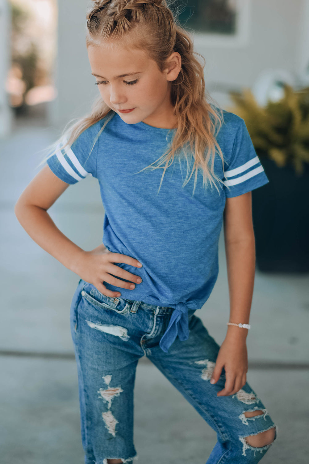Girls Striped Tie Front T-Shirt - MONLANE