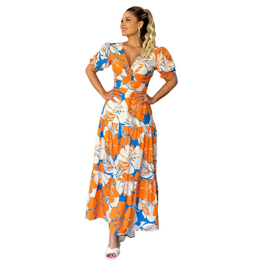 Printed bubble sleeve waist cinching Dress