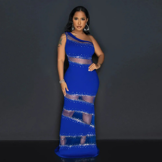 Splicing Mesh Hot Diamond Solid Color Dress