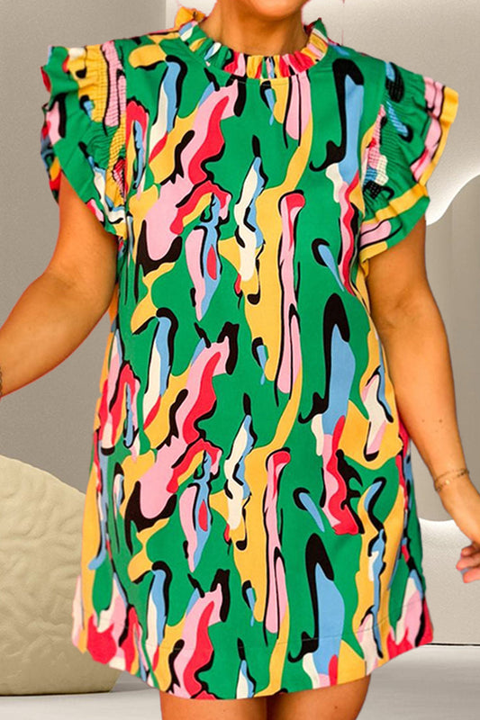 Ruffled Printed Cap Sleeve Mini Dress - MONLANE