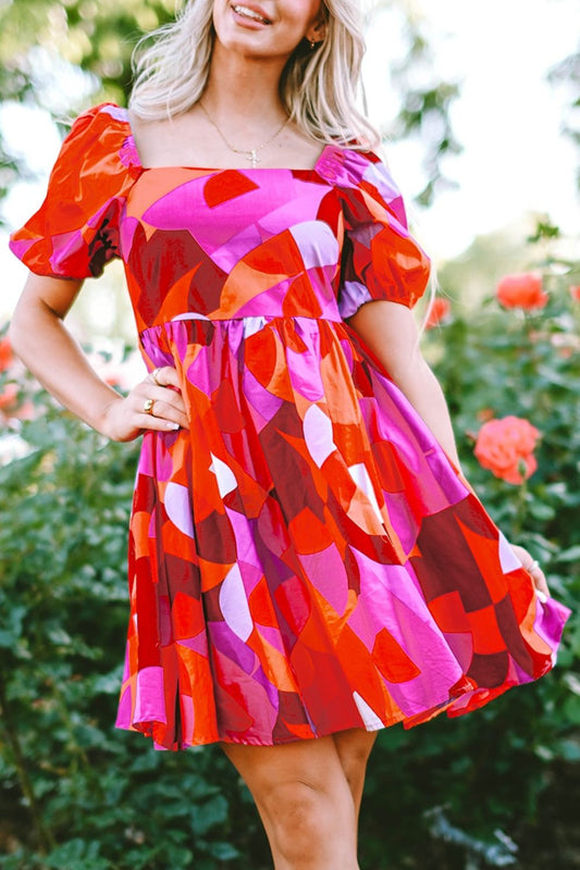 Printed Square Neck Puff Sleeve Dress - MONLANE