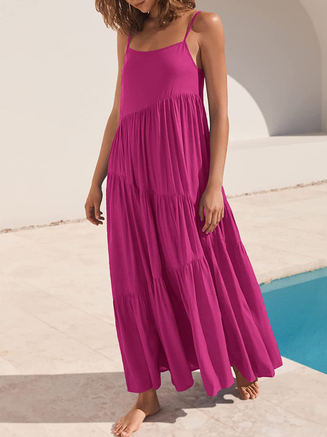Full Size Ruched Tiered Spaghetti Strap Dress - MONLANE