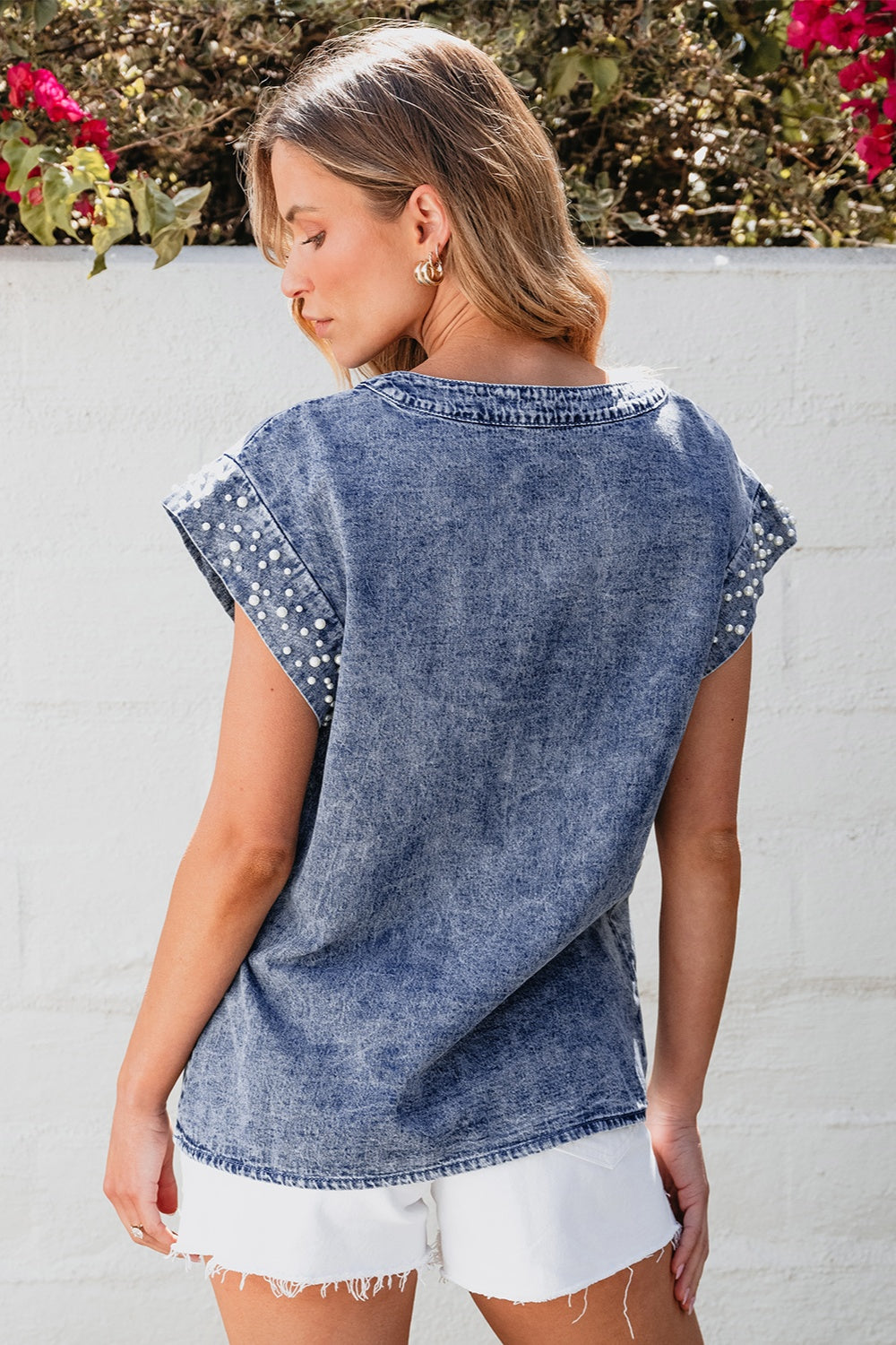 Pearl Trim Round Neck Cap Sleeve Denim Top - MONLANE